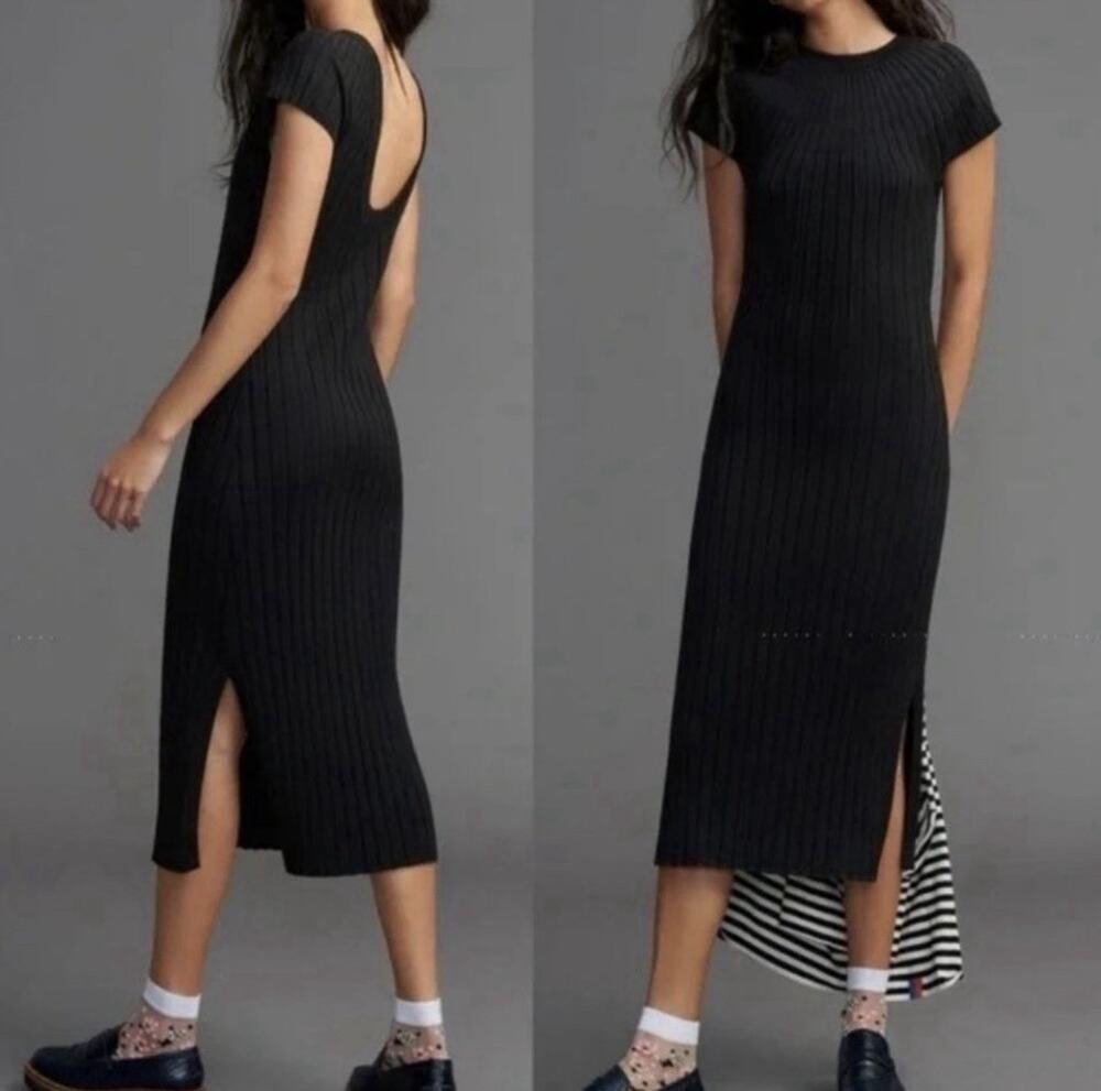 Maeve Anthropologie Black Ribbed Midi Dress Scoop Back Cocktail Cap Sleeve Small